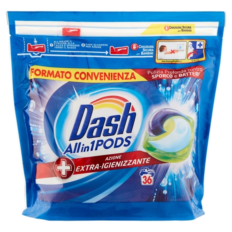 Dash PODS Allin1 Detersivo Lavatrice in Capsule + Azione Extra-Igienizzante 36 Lavaggi